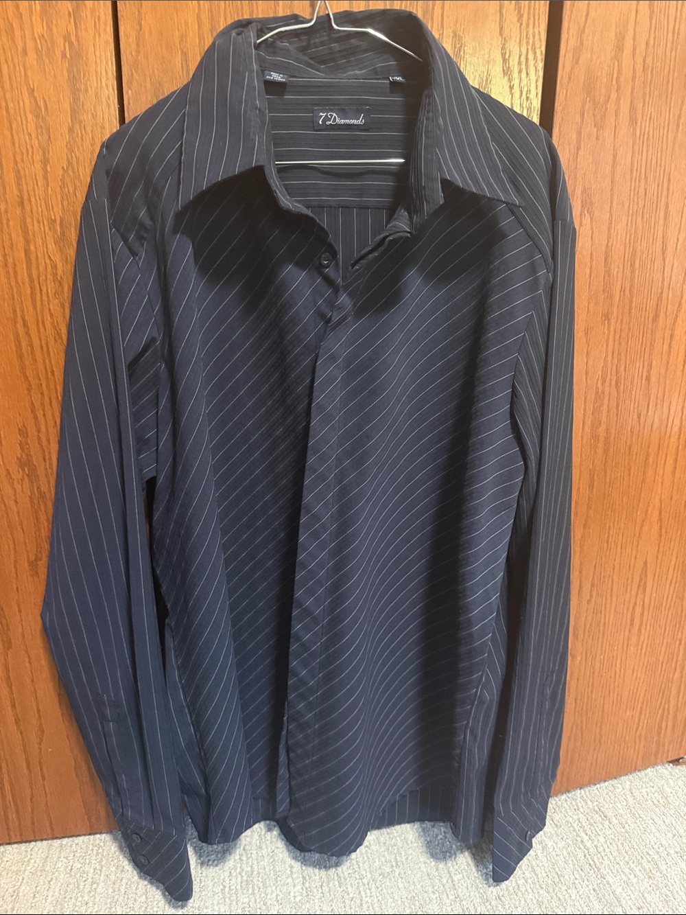 7 Diamonds Men’s Black Pinstripe Dress Shirt with White Stripes